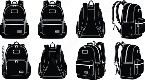 Black backpack silhouette vector set with front back side views school bag technical drawing template for design mockup and fashion sketches