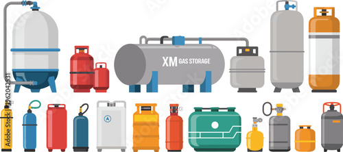 Industrial gas cylinders and storage tanks vector illustration set, various LPG containers, propane tanks, oxygen cylinders, fuel storage equipment