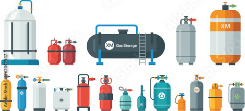 Industrial gas cylinders and storage tanks vector set, propane LPG containers, oxygen cylinders, pressure vessels, energy fuel equipment illustration