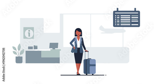 Businesswoman with luggage standing in airport or hotel lobby