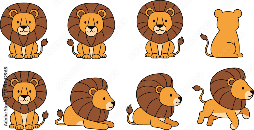 Fototapeta premium Cute Lion Cartoon Character Set with Different Poses Sitting Lying Walking and Back View Baby Animal Illustration for Kids Design and Wildlife Projects