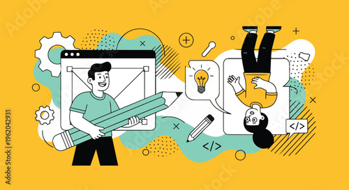 Two people brainstorming with pencil and lightbulb symbols on yellow background, concept for web design, software development and creative ideas.