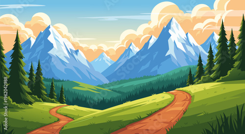 A stunning vector illustration of a serene mountain landscape with a winding path through rolling hills and pine trees under a bright sky with clouds