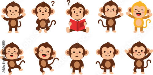 Fotografi Cute Monkey Cartoon Character Set with Different Emotions Reading Book Question
