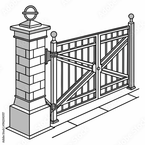 A metal gate with a brick pillar