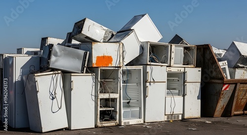 abandoned refrigerators and freezers in a cluttered outdoor yard with rusty bins