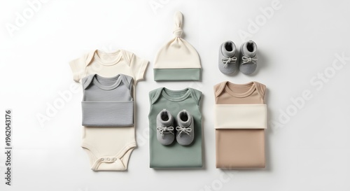 organized baby clothes and shoes in pastel colors with cute accessories for nursery