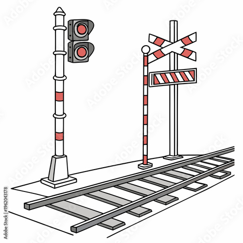 A train track with a traffic light and a railroad crossing gate