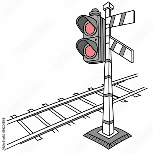 A railroad crossing signal with red lights