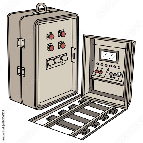 A tan metal briefcase with a control panel