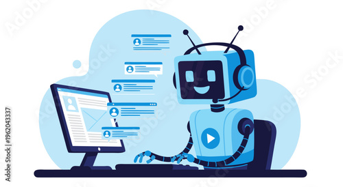 Vector illustration of a friendly robot chatbot assistant on a computer, providing customer support and communication