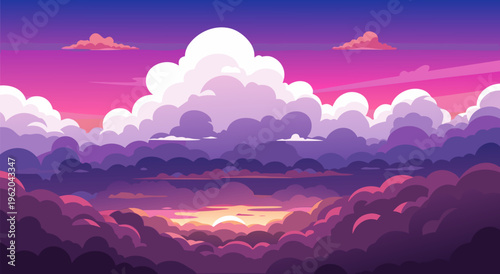 Vibrant Sunset Sky Vector Illustration With Fluffy Clouds, A Beautiful Digital Art Landscape