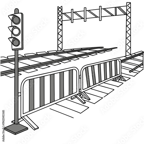 Railway crossing with traffic light and barriers
