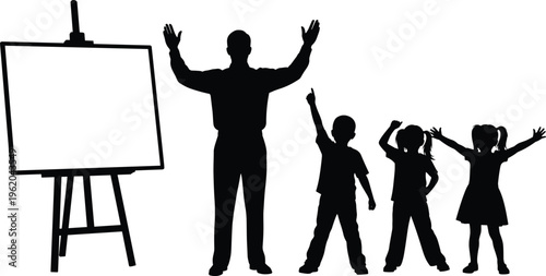 Black silhouette of teacher and happy children students standing near blank whiteboard easel isolated on white background for education and classroom