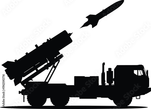 Missile launcher truck silhouette firing rocket, military defense system vehicle, black vector illustration isolated on white background for war concept