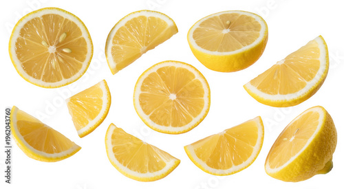 Sliced lemons slices yellow citrus fruit isolated on a transparent background