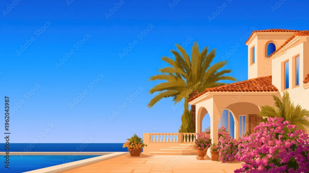 Obraz premium A Mediterranean villa overlooking the sea, with palm trees and vibrant flowers under a bright blue sky