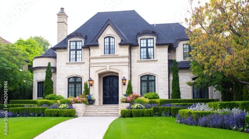 Elegant two-story stone house with lush greenery, manicured garden, and vibrant flowers lining the path