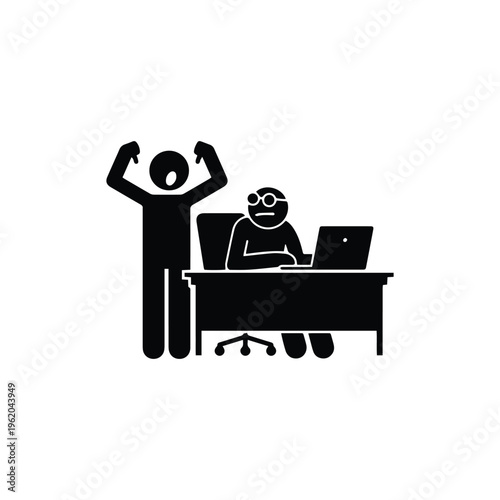 Frustrated man standing next to a stressed colleague at a desk with a laptop