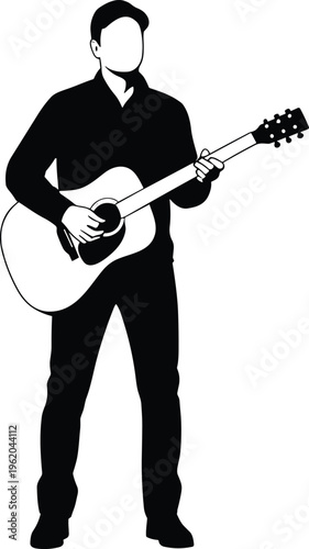 Man playing acoustic guitar silhouette, musician performance, live music concept, artist with instrument, black isolated figure, creative entertainment illustration design