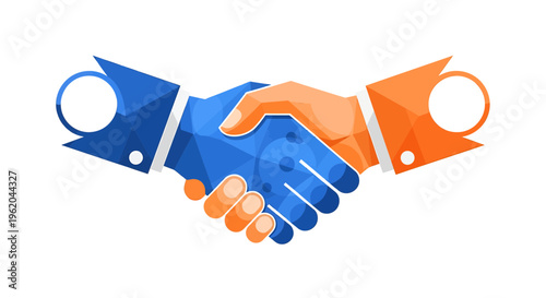Two hands shaking in blue and orange colors symbolizing partnership and agreement