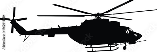 military helicopter silhouette, transport aircraft isolated, black chopper side view, rotor blades, aviation vehicle, air force, rescue mission concept