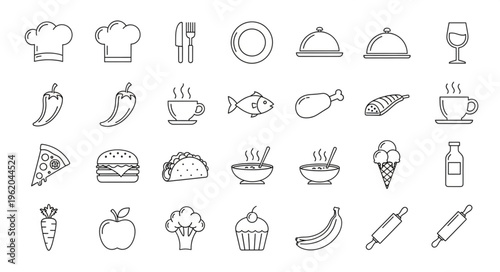 Collection of Food and Cooking Icons in Sketch Style.