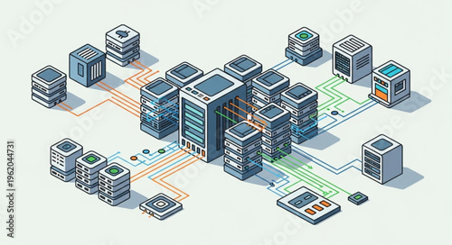 Isometric Data Center Network Illustration with Servers and Connections.