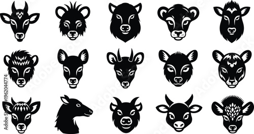 black and white cow head silhouettes animal icons