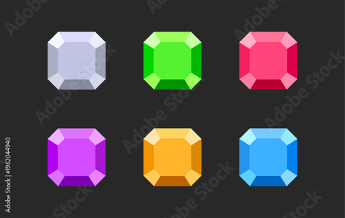 Colorful vector illustration of six faceted square gemstones arranged in two rows. Bright polished jewels suitable for game design, UI elements, rewards, collectibles, and decorative graphics.