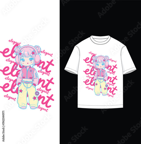 Cute Chibi Anime Girl in Streetwear Fashion with Earmuffs and Elegant Typography Vector.