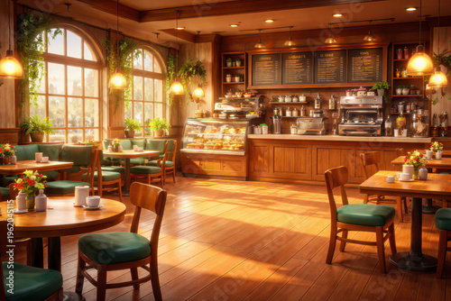 Cozy café interior with wooden furniture and a display of pastries.