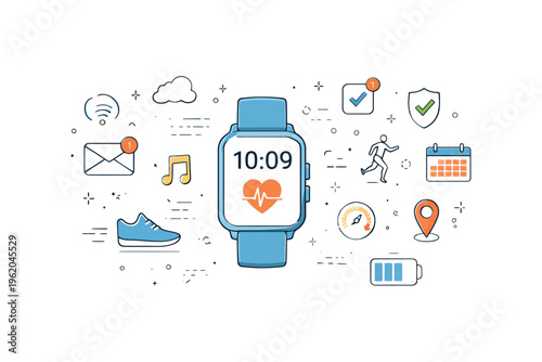 Smartwatch fitness tracker with health and lifestyle icons.