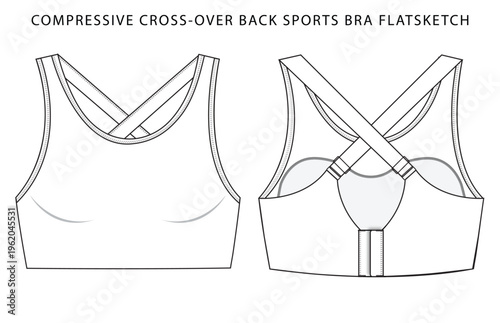 Women's compressive cross-over back sports bra flat sketch. Activewear technical CAD drawing front and back view. Apparel tech pack vector template.