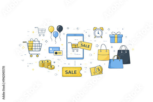 Online shopping and e-commerce elements with sale tags and shopping cart.