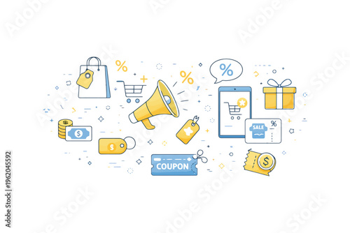 Online shopping and discount icons with coupons and sales elements.