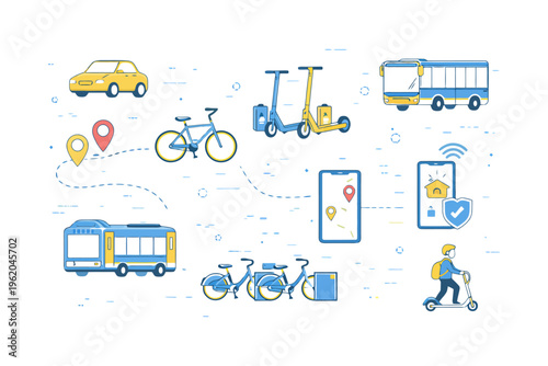 Urban mobility concepts: bicycles, scooters, and public transport connectivity visualized.