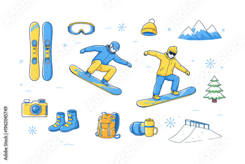 Winter sports equipment and snowboarding characters in winter scene.