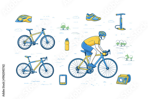 Cartoon young caucasian male cyclist with accessories and bicycle gear.