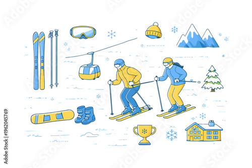 Cartoon winter skiing scene with skiers and gear in snowy landscape.