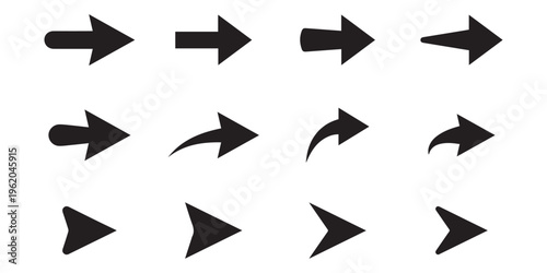 Curve black arrow icon set, Arrow vector set in different style, Symbol arrow up, down, forward, direction sign. 