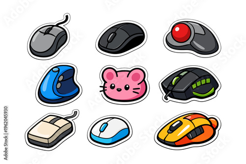 Variety of cartoon computer mice and cute pink mouse face.