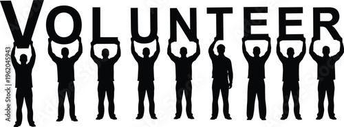 Group of people silhouettes holding large letters forming the word volunteer isolated on white background for community service and charity