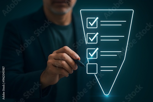 User interacting with virtual checklist funnel, representing task prioritization, filtering, evaluation, and decision making process