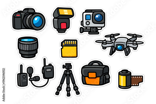 Collection of camera equipment and accessories in cartoon style.