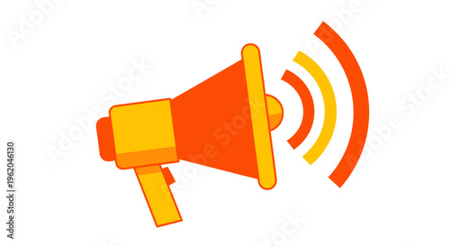 Vibrant orange megaphone with sound waves on white background symbolizing loudspeaker announcement