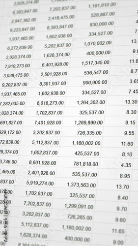 Closeup financial income table and accounting document, business sale revenue data analysis spreadsheet, trading company investment profit statistic report, corporate stock market cost statement sheet