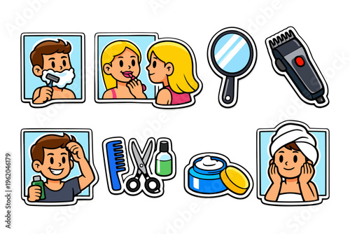 Cartoon male and female grooming routine with tools and products.