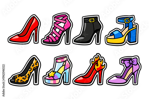 Colorful assorted high heel variety with unique designs and patterns.