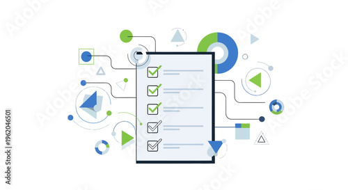 Checklist with green checkmarks and flowchart symbols.